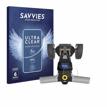 Face avant d’un emballage produit avec le logo de la marque Savvies. À côté, l’appareil PowaKaddy CT6 GPS est représenté avec 