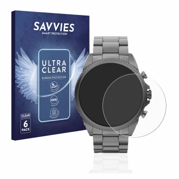Face avant d’un emballage produit avec le logo de la marque Savvies. À côté, l’appareil Fossil Gen 6 (44mm) est représenté ave