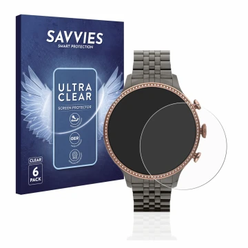 Face avant d’un emballage produit avec le logo de la marque Savvies. À côté, l’appareil Fossil Gen 6 (42mm) est représenté ave