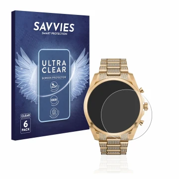Face avant d’un emballage produit avec le logo de la marque Savvies. À côté, l’appareil Michael Kors Access Gen 6 Bradshaw est