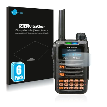 Face avant d’un emballage produit avec le logo de la marque Savvies. À côté, l’appareil Yaesu FT-70DR est représenté avec la p