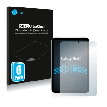 Face avant d’un emballage produit avec le logo de la marque Savvies. À côté, l’appareil Apple iPad Mini 6 2021 est représenté 