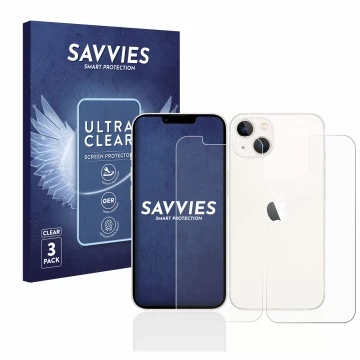 Face avant d’un emballage produit avec le logo de la marque Savvies. À côté, l’appareil Apple iPhone 13 (Avant+Arrière) est re