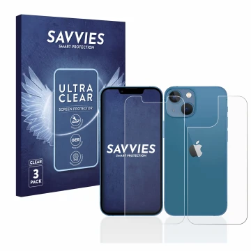 Face avant d’un emballage produit avec le logo de la marque Savvies. À côté, l’appareil Apple iPhone 13 mini (Avant+Arrière) e
