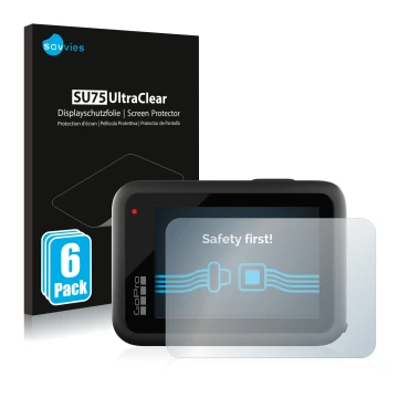 Face avant d’un emballage produit avec le logo de la marque Savvies. À côté, l’appareil GoPro Hero 10 Black est représenté ave