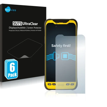 Face avant d’un emballage produit avec le logo de la marque Savvies. À côté, l’appareil Trimble TDC600 est représenté avec la 