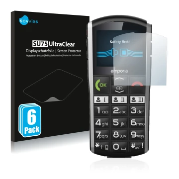 Face avant d’un emballage produit avec le logo de la marque Savvies. À côté, l’appareil Emporia Simplicity est représenté avec