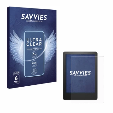Face avant d’un emballage produit avec le logo de la marque Savvies. À côté, l’appareil Amazon Kindle Paperwhite 2021 (11ème G