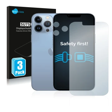 Face avant d’un emballage produit avec le logo de la marque Savvies. À côté, l’appareil Apple iPhone 13 Pro Max (Avant+Caméra)