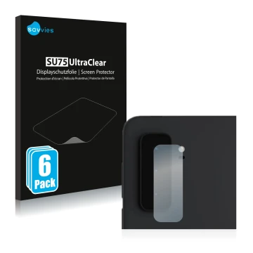 Face avant d’un emballage produit avec le logo de la marque Savvies. À côté, l’appareil Microsoft Surface Duo 2 (Caméra UNIQUE