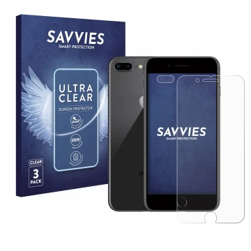 Face avant d’un emballage produit avec le logo de la marque Savvies. À côté, l’appareil Apple iPhone 8 Plus (Avant+Caméra) est