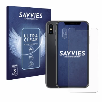 Face avant d’un emballage produit avec le logo de la marque Savvies. À côté, l’appareil Apple iPhone X (Avant+Caméra) est repr