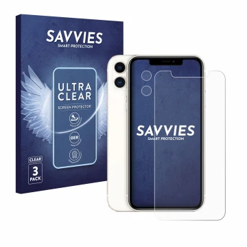 Face avant d’un emballage produit avec le logo de la marque Savvies. À côté, l’appareil Apple iPhone 11 (Avant+Caméra) est rep