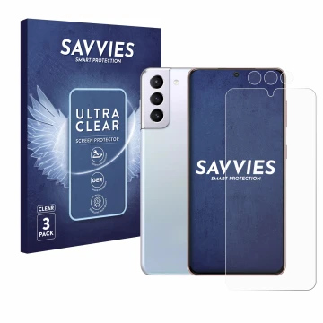Face avant d’un emballage produit avec le logo de la marque Savvies. À côté, l’appareil Samsung Galaxy S21 (Avant+Caméra) est 