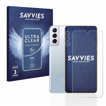 Face avant d’un emballage produit avec le logo de la marque Savvies. À côté, l’appareil Samsung Galaxy S21 5G (Avant+Caméra) e