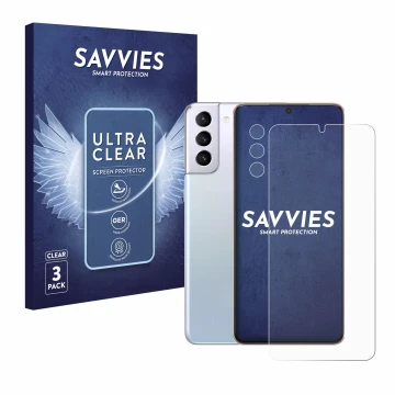 Face avant d’un emballage produit avec le logo de la marque Savvies. À côté, l’appareil Samsung Galaxy S21 Plus 5G (Avant+Camé