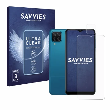 Face avant d’un emballage produit avec le logo de la marque Savvies. À côté, l’appareil Samsung Galaxy A12 (Avant+Caméra) est 