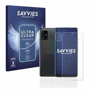 Face avant d’un emballage produit avec le logo de la marque Savvies. À côté, l’appareil Samsung Galaxy A51 5G (Avant+Caméra) e
