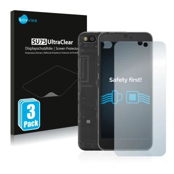 Face avant d’un emballage produit avec le logo de la marque Savvies. À côté, l’appareil Fairphone 3 (Avant+Caméra) est représe