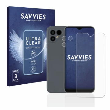 Face avant d’un emballage produit avec le logo de la marque Savvies. À côté, l’appareil Fairphone 4 (Avant+Caméra) est représe