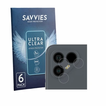 Face avant d’un emballage produit avec le logo de la marque Savvies. À côté, l’appareil Fairphone 4 (Caméra UNIQUEMENT) est re