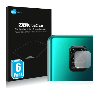Face avant d’un emballage produit avec le logo de la marque Savvies. À côté, l’appareil Xiaomi Redmi Note 10 Lite (Caméra UNIQ