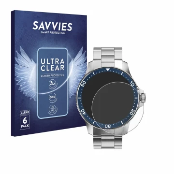 Face avant d’un emballage produit avec le logo de la marque Savvies. À côté, l’appareil Withings ScanWatch Horizon (43 mm) est