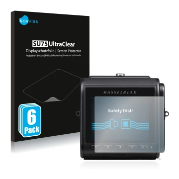 Face avant d’un emballage produit avec le logo de la marque Savvies. À côté, l’appareil Hasselblad 907X 50C est représenté ave