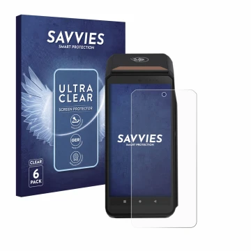 Face avant d’un emballage produit avec le logo de la marque Savvies. À côté, l’appareil ingenico Axium DX8000 est représenté a