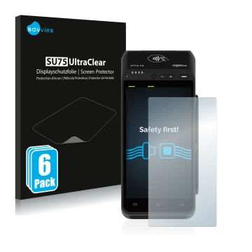 Face avant d’un emballage produit avec le logo de la marque Savvies. À côté, l’appareil ingenico Apos A8 est représenté avec l