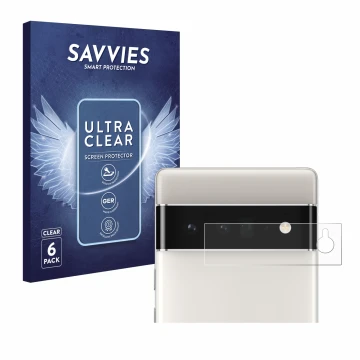 Face avant d’un emballage produit avec le logo de la marque Savvies. À côté, l’appareil Google Pixel 6 Pro (Caméra UNIQUEMENT)