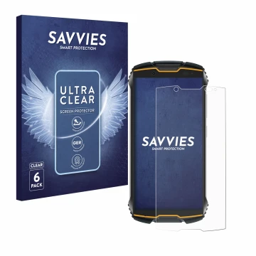 Face avant d’un emballage produit avec le logo de la marque Savvies. À côté, l’appareil Cubot King Kong Mini 2 est représenté 