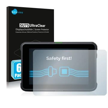 Face avant d’un emballage produit avec le logo de la marque Savvies. À côté, l’appareil Atomos Shinobi 7 est représenté avec l