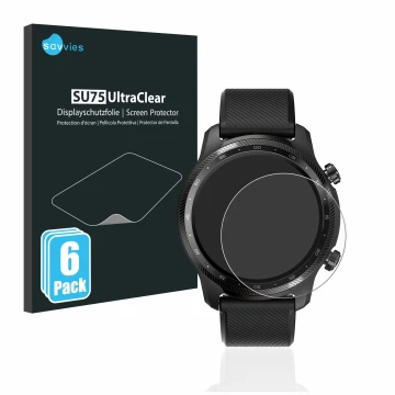 Face avant d’un emballage produit avec le logo de la marque Savvies. À côté, l’appareil Mobvoi Ticwatch Pro 3 Ultra GPS est re