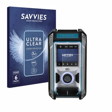 Face avant d’un emballage produit avec le logo de la marque Savvies. À côté, l’appareil Makita DMR115 est représenté avec la p