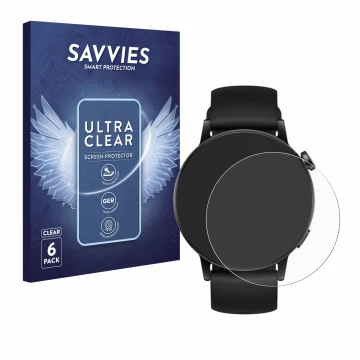 Face avant d’un emballage produit avec le logo de la marque Savvies. À côté, l’appareil Huawei Watch GT 3 (42 mm) est représen