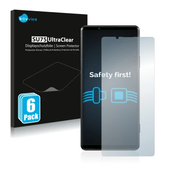 Face avant d’un emballage produit avec le logo de la marque Savvies. À côté, l’appareil Sony Xperia Pro-I est représenté avec 