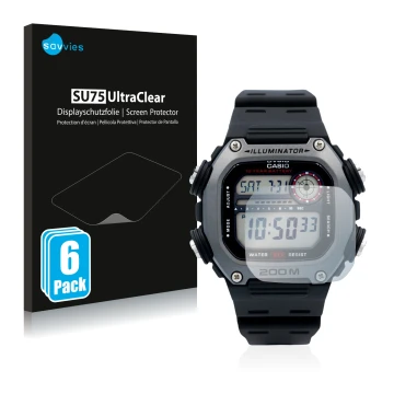 Face avant d’un emballage produit avec le logo de la marque Savvies. À côté, l’appareil Casio DW-291H est représenté avec la p