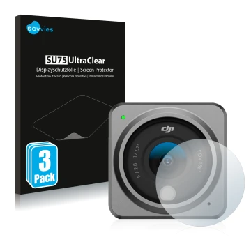 Face avant d’un emballage produit avec le logo de la marque Savvies. À côté, l’appareil DJI Action 2 Lentille (Caisse) est rep
