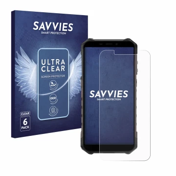 Face avant d’un emballage produit avec le logo de la marque Savvies. À côté, l’appareil Ulefone Armor X9 Pro est représenté av