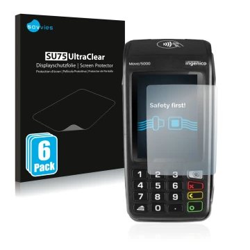 Face avant d’un emballage produit avec le logo de la marque Savvies. À côté, l’appareil ingenico Move 5000 est représenté avec