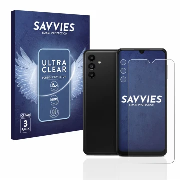 Face avant d’un emballage produit avec le logo de la marque Savvies. À côté, l’appareil Samsung Galaxy A13 5G (Avant+Caméra) e