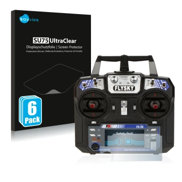 Face avant d’un emballage produit avec le logo de la marque Savvies. À côté, l’appareil FlySky FS-i6 est représenté avec la pr