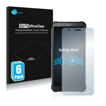 Face avant d’un emballage produit avec le logo de la marque Savvies. À côté, l’appareil Blackview BV6600 Pro est représenté av