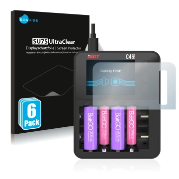 Face avant d’un emballage produit avec le logo de la marque Savvies. À côté, l’appareil ISDT C4 Evo est représenté avec la pro