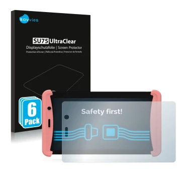 Face avant d’un emballage produit avec le logo de la marque Savvies. À côté, l’appareil Kurio Tab Lite 2 est représenté avec l