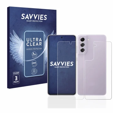 Face avant d’un emballage produit avec le logo de la marque Savvies. À côté, l’appareil Samsung Galaxy S21 FE 5G (Avant+Arrièr