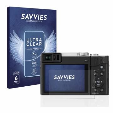 Face avant d’un emballage produit avec le logo de la marque Savvies. À côté, l’appareil Panasonic Lumix DC-TZ95 est représenté