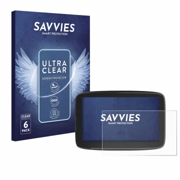 Face avant d’un emballage produit avec le logo de la marque Savvies. À côté, l’appareil TomTom GO Classic 6