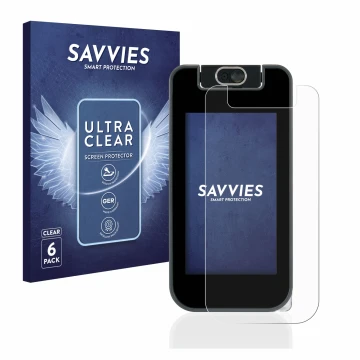 Face avant d’un emballage produit avec le logo de la marque Savvies. À côté, l’appareil Vtech Kidicom Advance 3.0 est représen